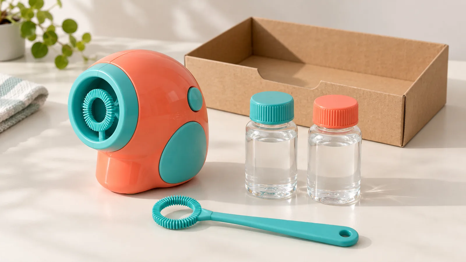 Toy ya Bubble, fimbo tofauti na chupa za suluhisho zilizofungwa zilizopangwa ili kuonyesha sehemu na njia za kujaza.