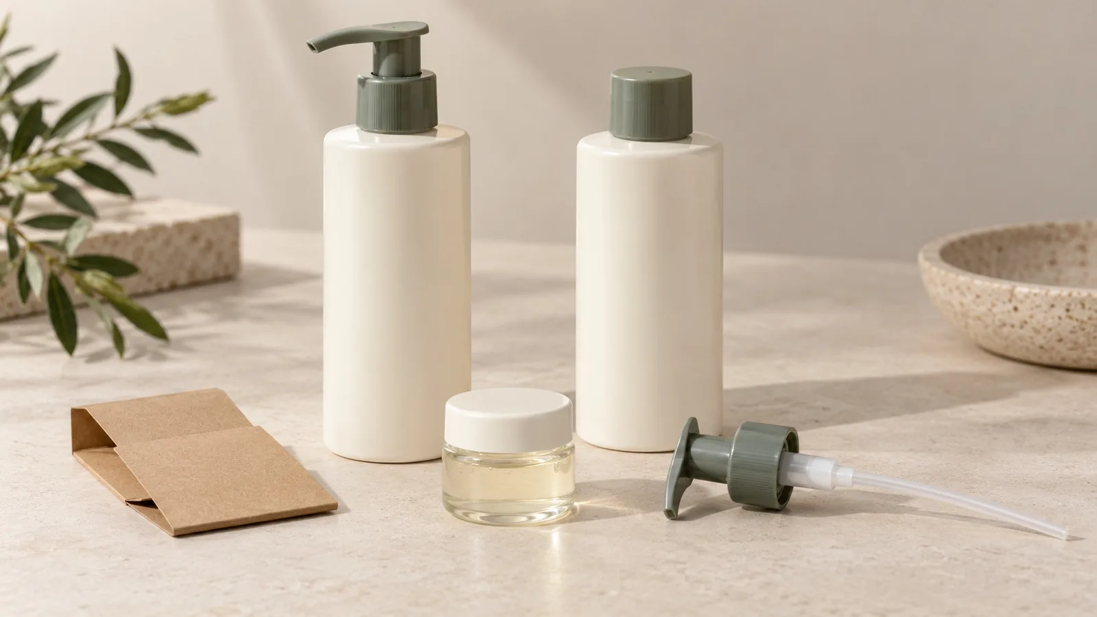 Chupa ya shampoo isiyo na chapa na sampuli za vifungashio vya pampu kando ya kontena la sampuli ya fomula iliyofungwa kifuniko