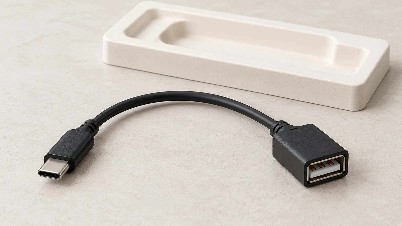 Kebo ya kawaida ya adapta ya USB yenye ncha zote mbili za kiunganishi zinazoonekana kwenye sehemu ya ukaguzi isiyo na upande