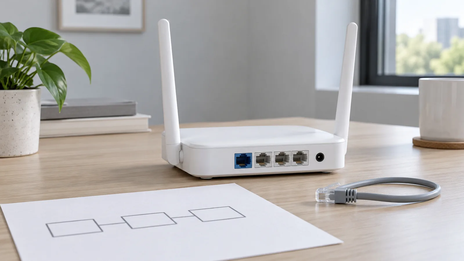 Kipanga njia cha Wi-Fi cha eneo-kazi nyeupe ambacho hakina chapa na milango ya Ethaneti ya nyuma inayoonekana kando ya mchoro rahisi wa mtandao