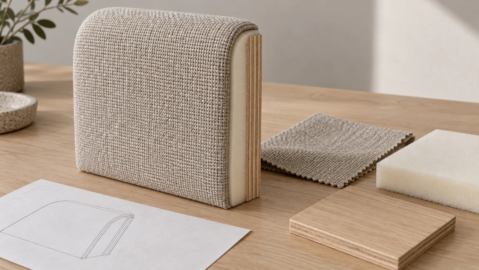 Sampuli ya sehemu ya kichwa cha upholstered kando ya kitambaa tofauti, povu na vipande vya substrate